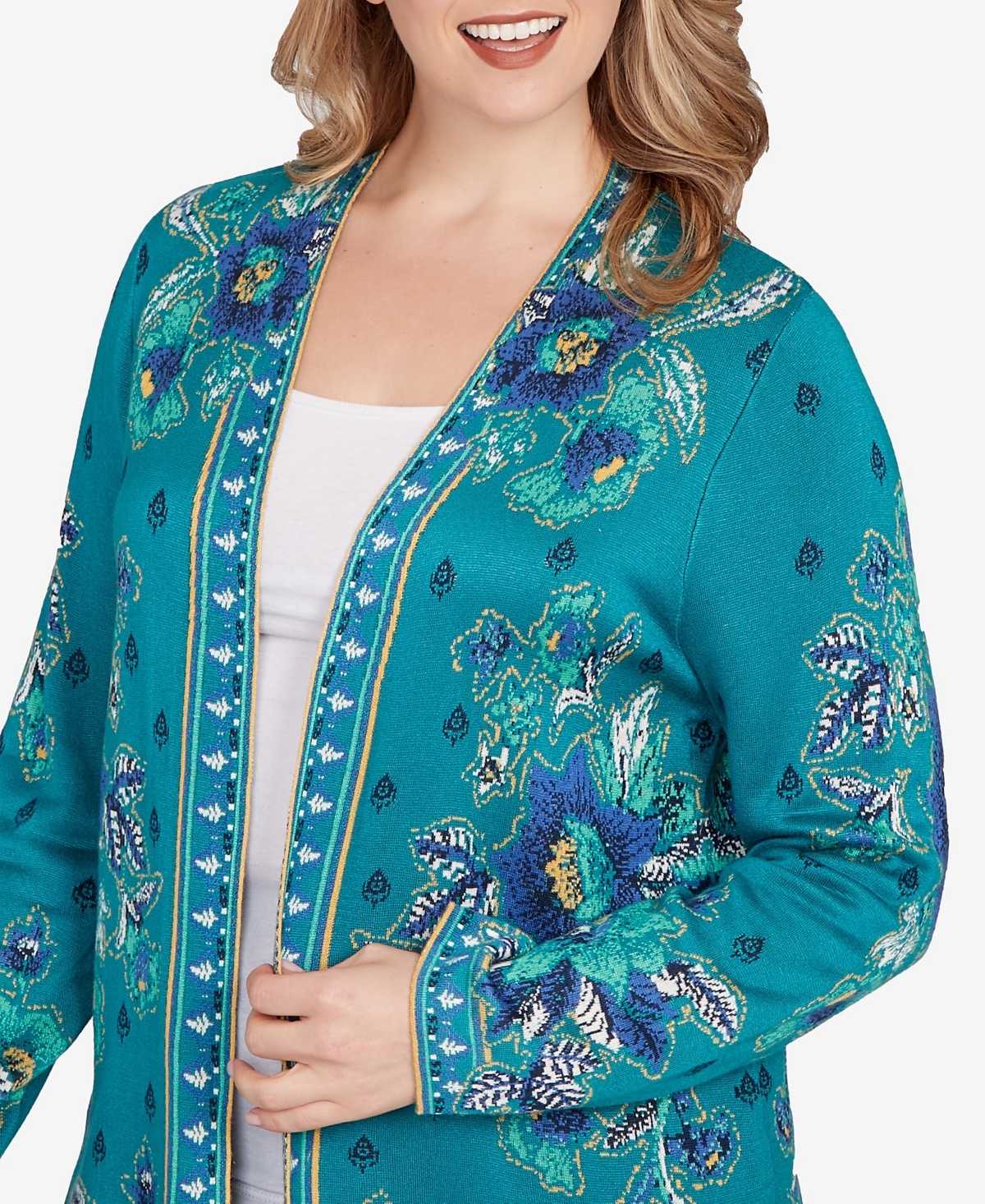 Ruby Rd. Plus Size Floral Open Front Cardigan Sweater In Green