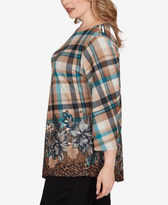 Plus Size Floral Plaid Cozy Ballet Neck Top