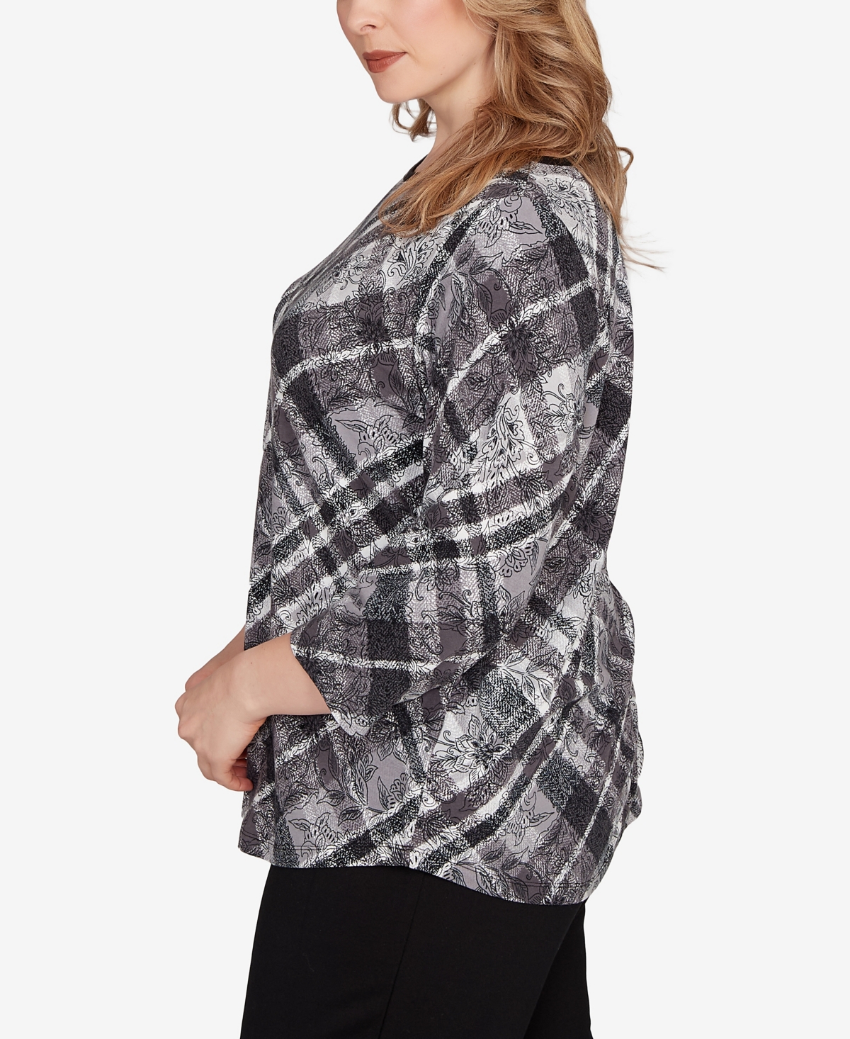 Ruby Rd. Plus Size Solid Tipped Plaid Knit Top In Gray