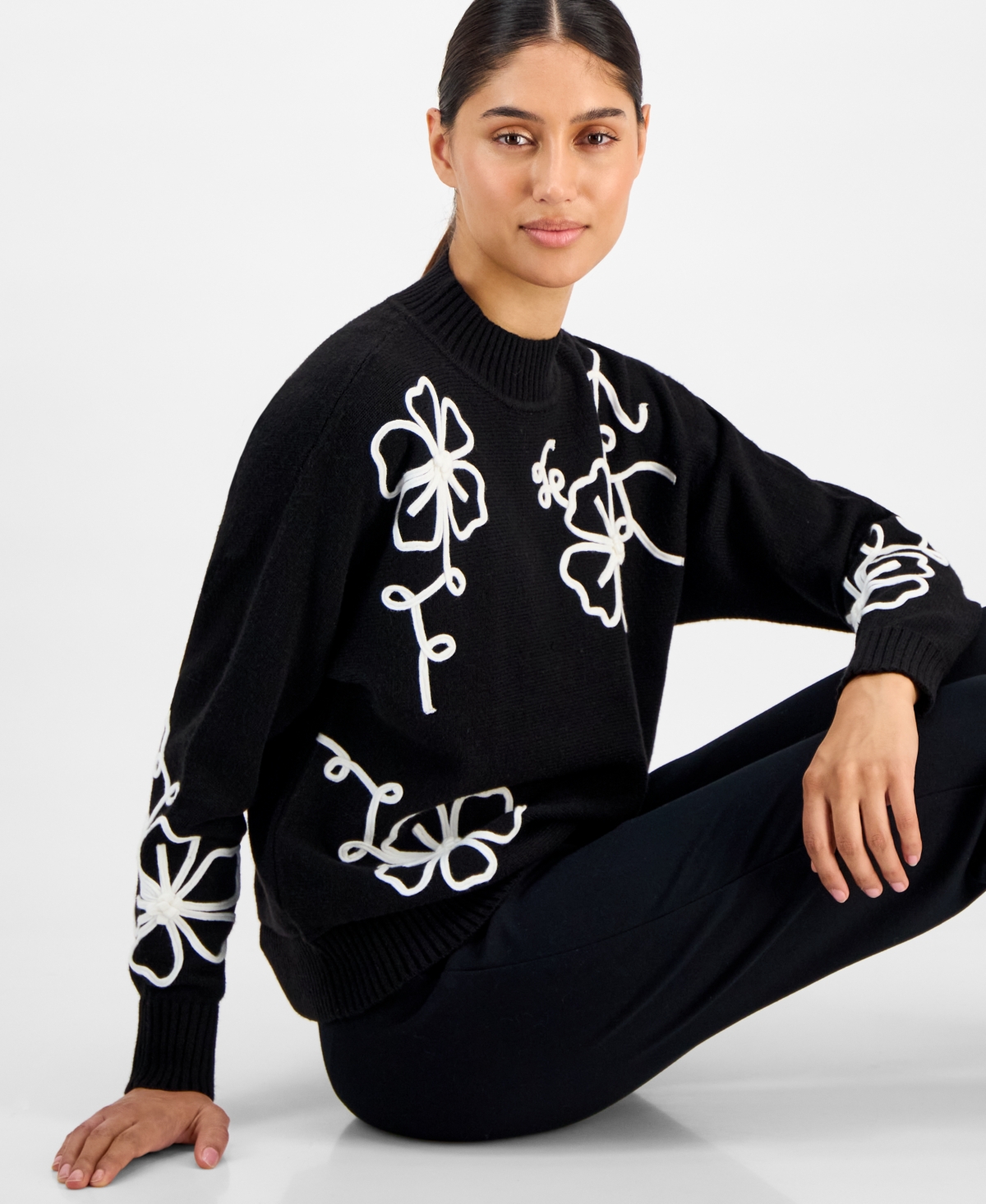 T Tahari Women's Mock Neck Floral Embroidered Sweater In Black