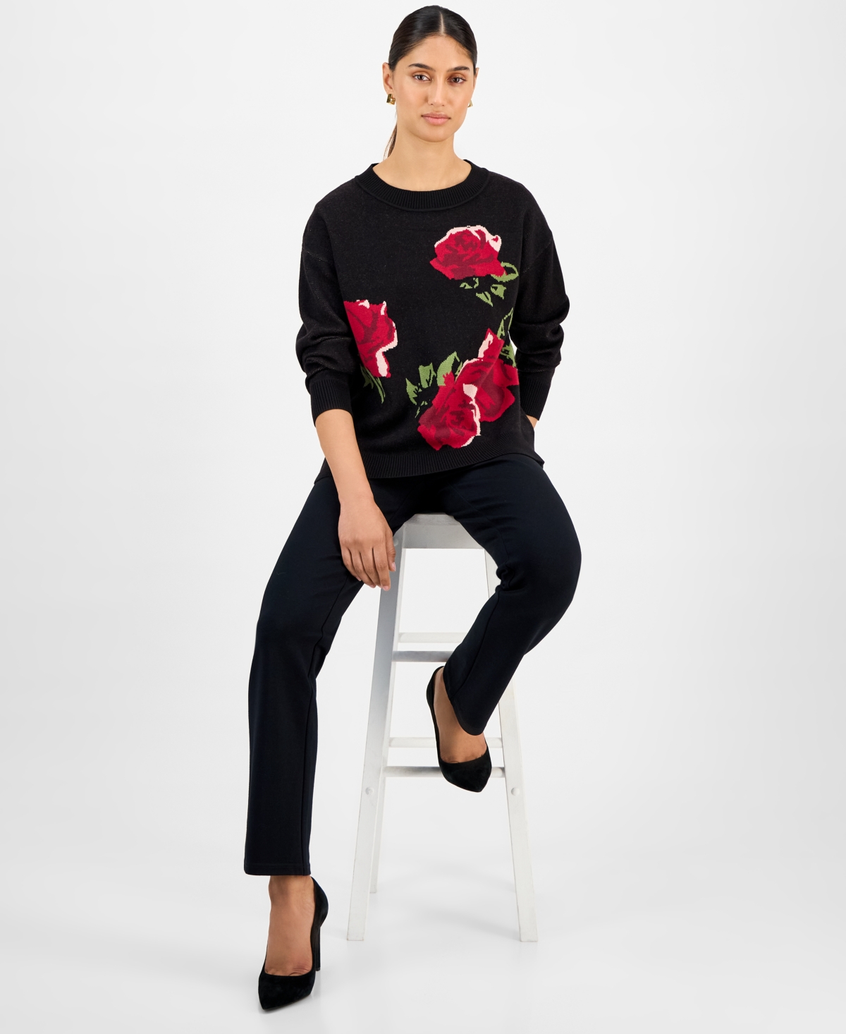 T Tahari Women's Rose-print Crewneck Sweater In Multi