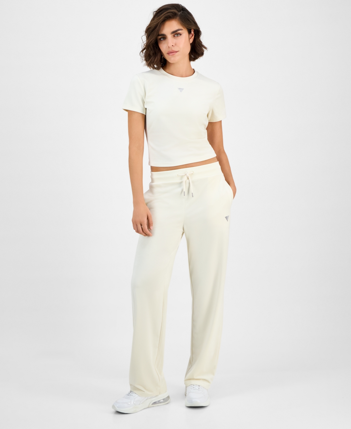 Guess Womens Couture Cropped Velour Hoodie Short Sleeve Velour T Shirt Straight Leg Velour Pants In White