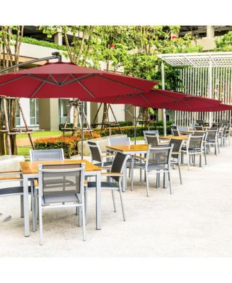 10' Hanging Solar LED Umbrella Patio Sun Shade Offset Market W/Base