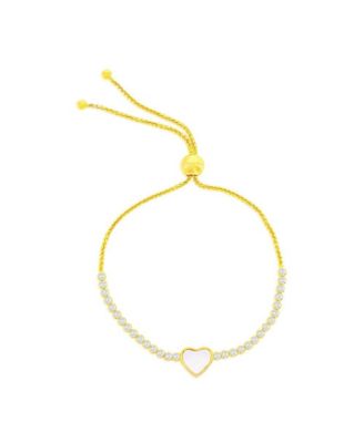 Sterling Silver, Heart MOP Center, CZ Adjustable Bolo Bracelet