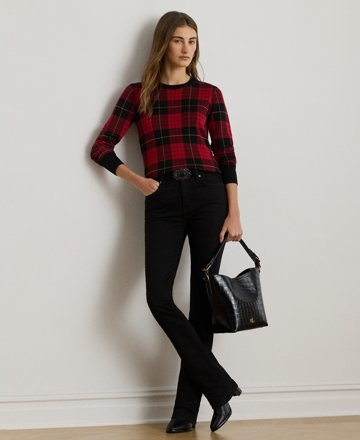 Ralph Lauren Petite Plaid Crewneck Sweater In Red
