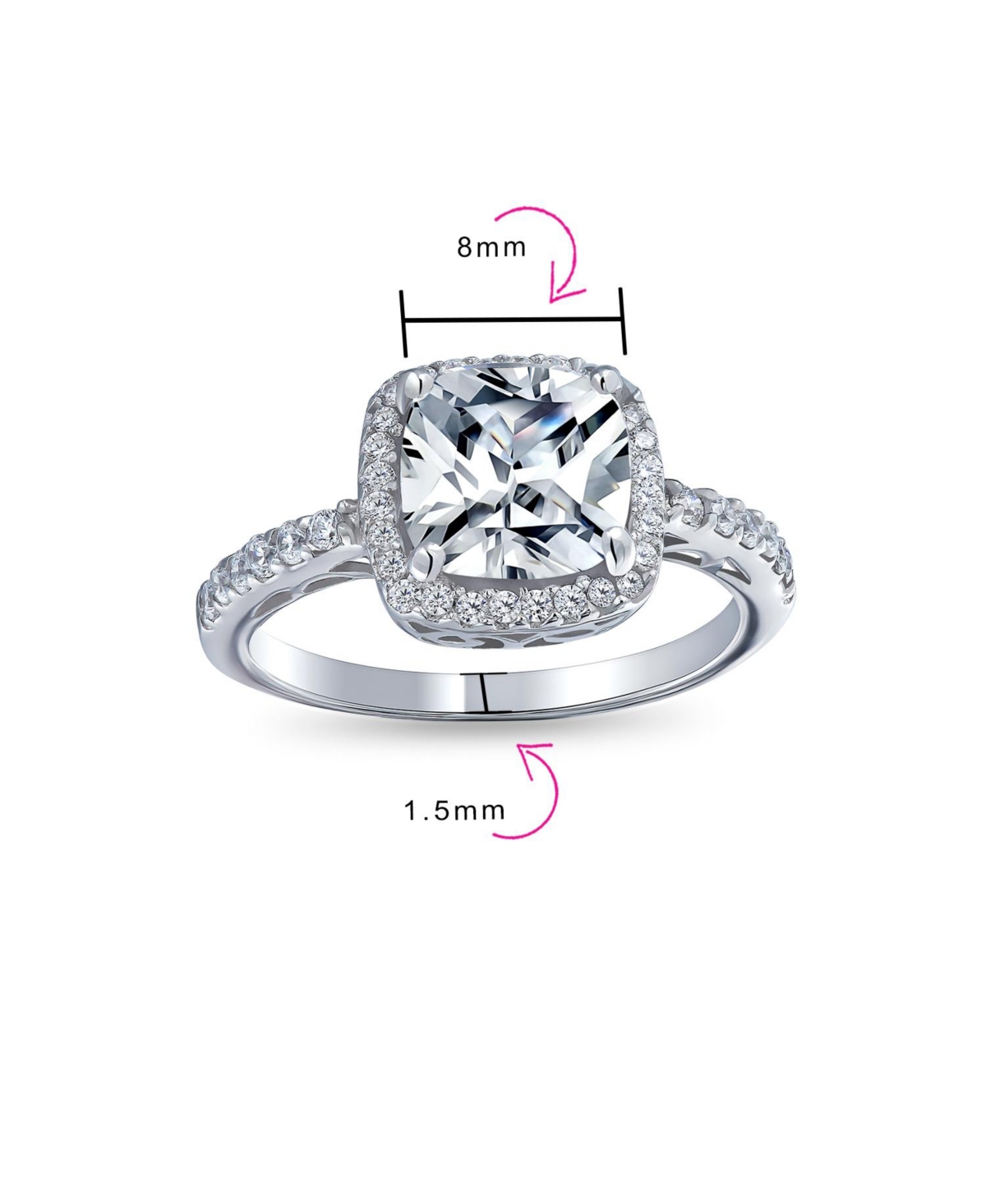 Bling Jewelry Classic 3CT Cubic Zirconia Halo Solitaire Square Cushion Cut Promise Ring Cz Pave Band Sterling Silver