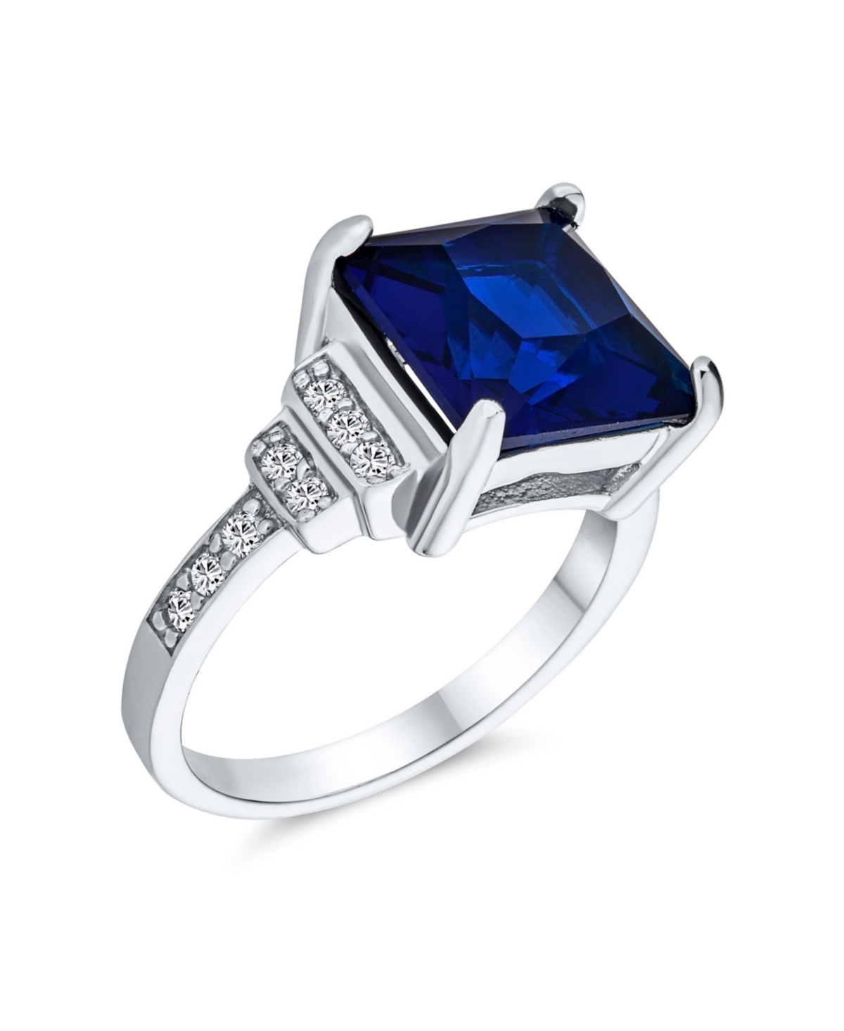 Bling Jewelry Sterling Silver Art Deco Style 5CTW Blue Princess Cut Cz Statement Ring with Stepped Side Stones