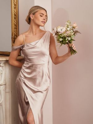 Women's Asymmetric Bardot Satin Bridesmaid Dress