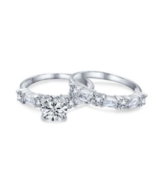 Art Deco Style 2CT Cubic Zirconia Princess Cut Solitaire & CZ Baguettes Encrusted Band  Ring Set Sterling Silver