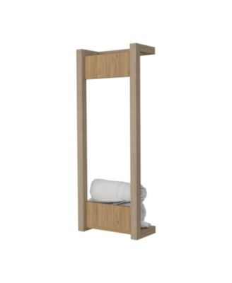 Washan Towel Rack, wall-mounted design, open vertical frame, integrated lower shelf for folded towels, sturdy and lightweight structure, Natural Oak