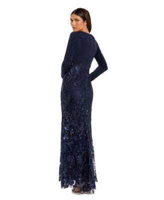 Embellished Long Sleeve Wrap Over Trumpet Gown