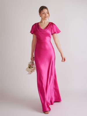 Women's Flutter Sleeve Satin Bridesmaid Dress