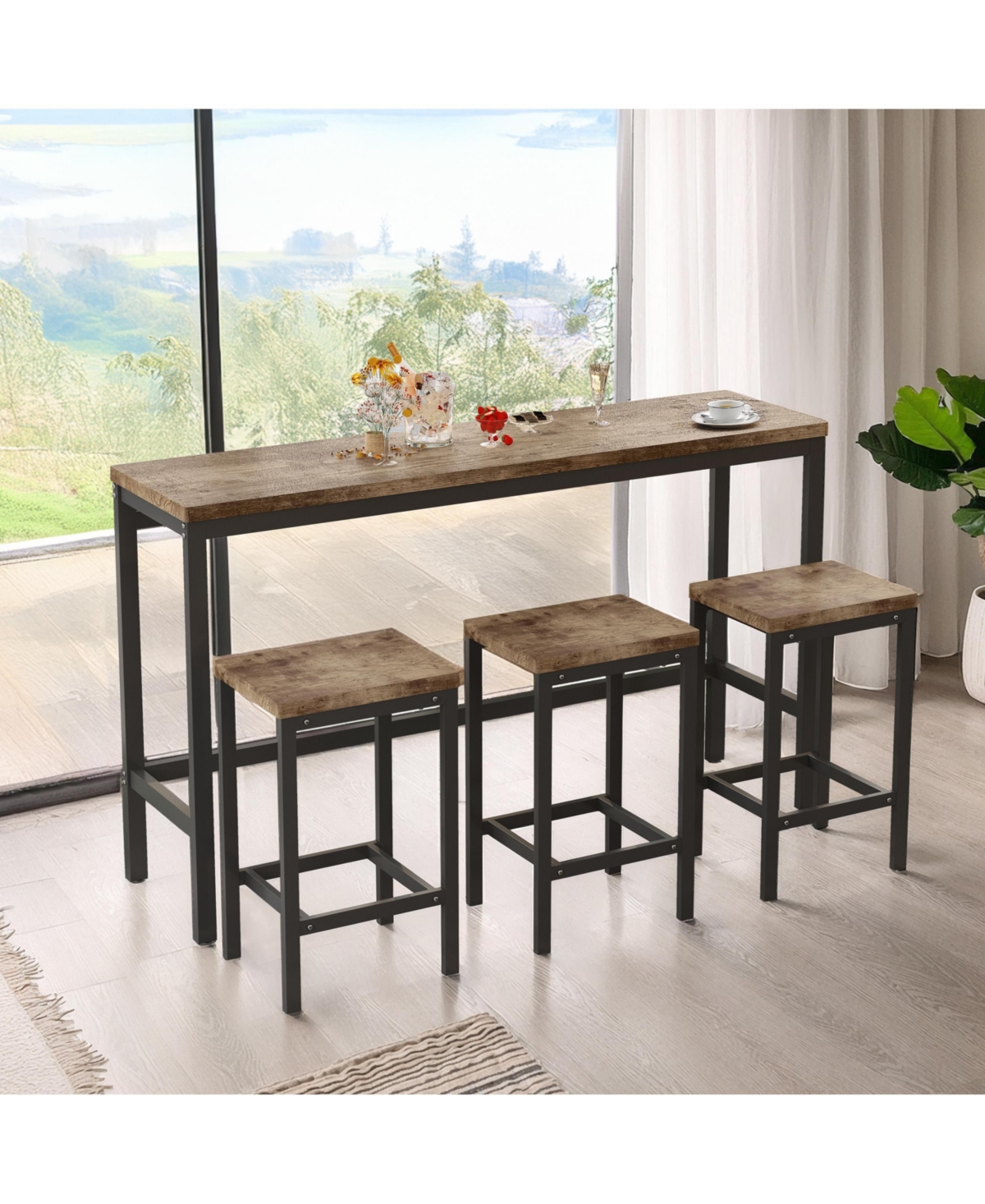 Casainc Modern Long Dining Table Set with 3 Stools and Metal Frame, Easy Assembly