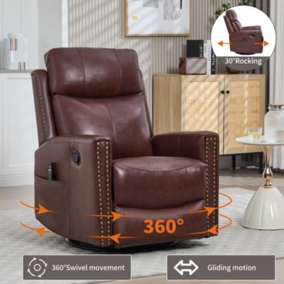 Genuine Leather Heat Massage Manual Recliner Chair with Rocker and Swivel