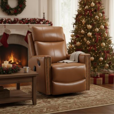 Genuine Leather Heat Massage Manual Recliner Chair with Rocker and Swivel