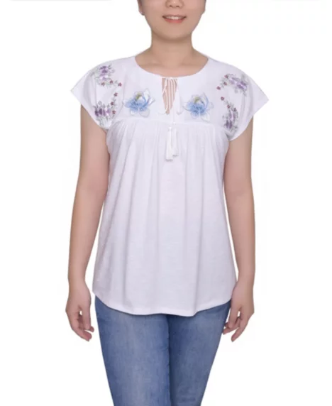 Petite Embroidered Yoke Extended Sleeve Top - White