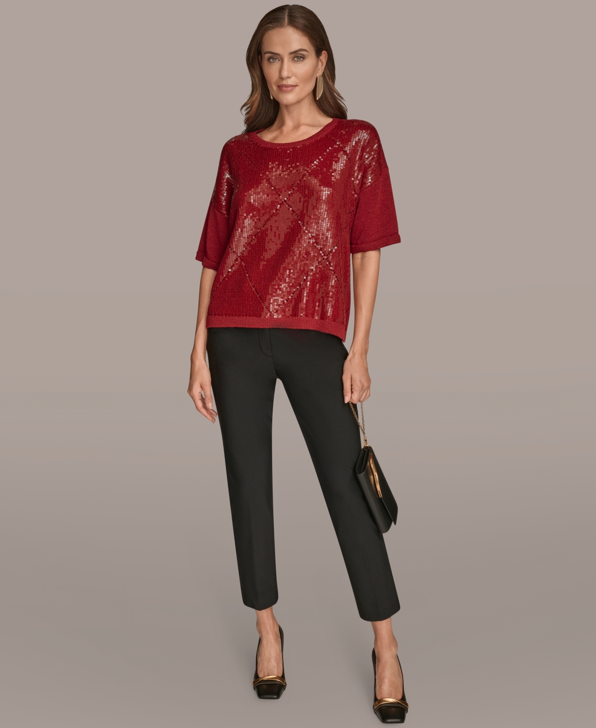 Donna Karan New York Short Sleeve Sequin Sweater In Red