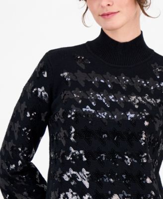 Petite Sequin Houndstooth Mock-Neck Sweater 