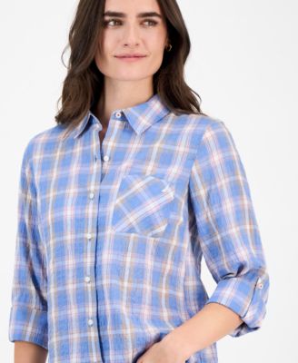 Women's Cotton Crinkle Plaid Roll-Tab Shirt