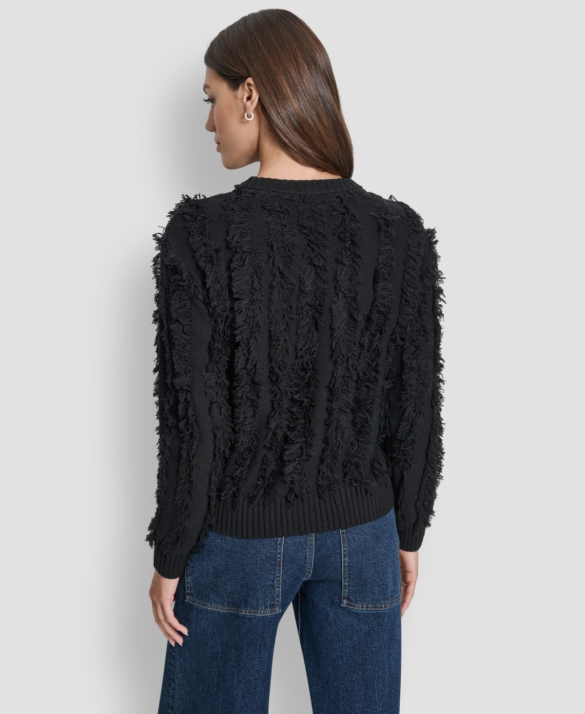 Dkny Jeans Petite Fringe Crewneck Sweater In Black