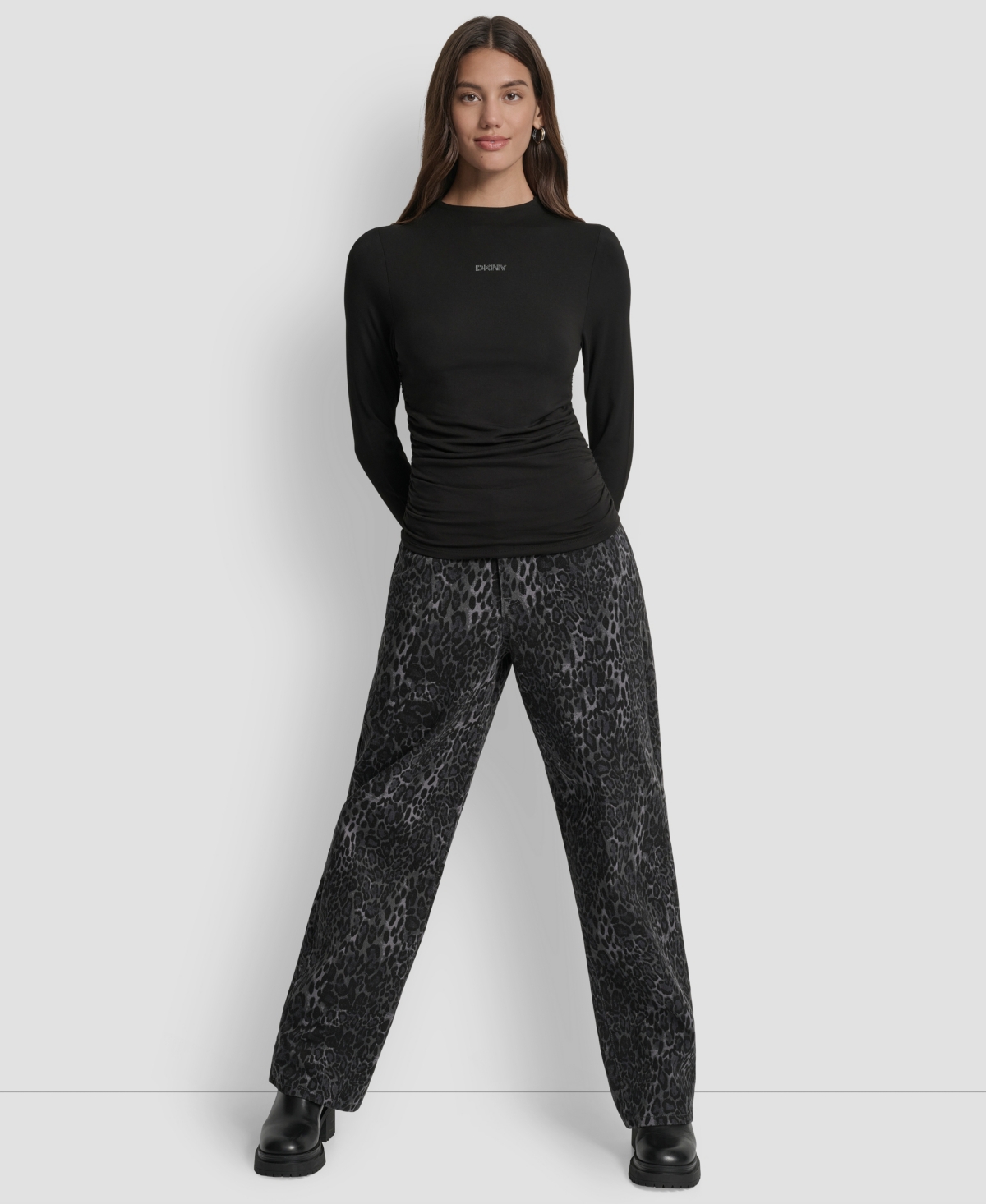 Dkny Jeans Petite Side Ruched Long Sleeves Top In Multi