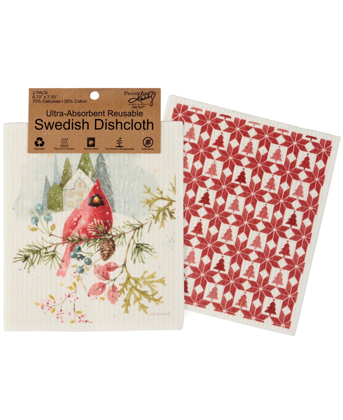 Primitives By Kathy Winter Cardinal Swedish Dishcloth, Set Of 2 In Red