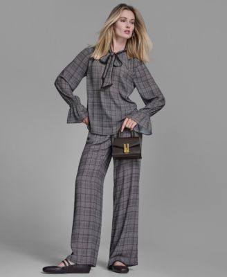 Women's Plaid Long Sleeve Tie Neck Top