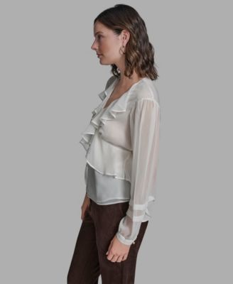 Women's Long Sleeve Ruffle V-Neck Blouse