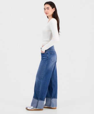 Juniors' Rhinestone-Cuff Wide-Leg Jeans