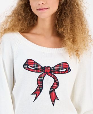 Juniors' Cotton Bow-Appliqu&eacute; Boat-Neck Sweater