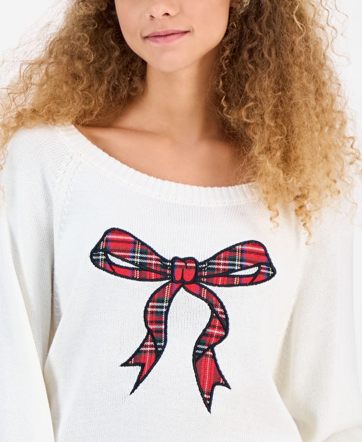 Planet Heart Juniors' Cotton Bow-applique Boat-neck Sweater In White