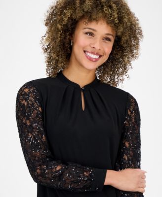 Women's Sequin-Lace-Sleeve Keyhole-Neck Top