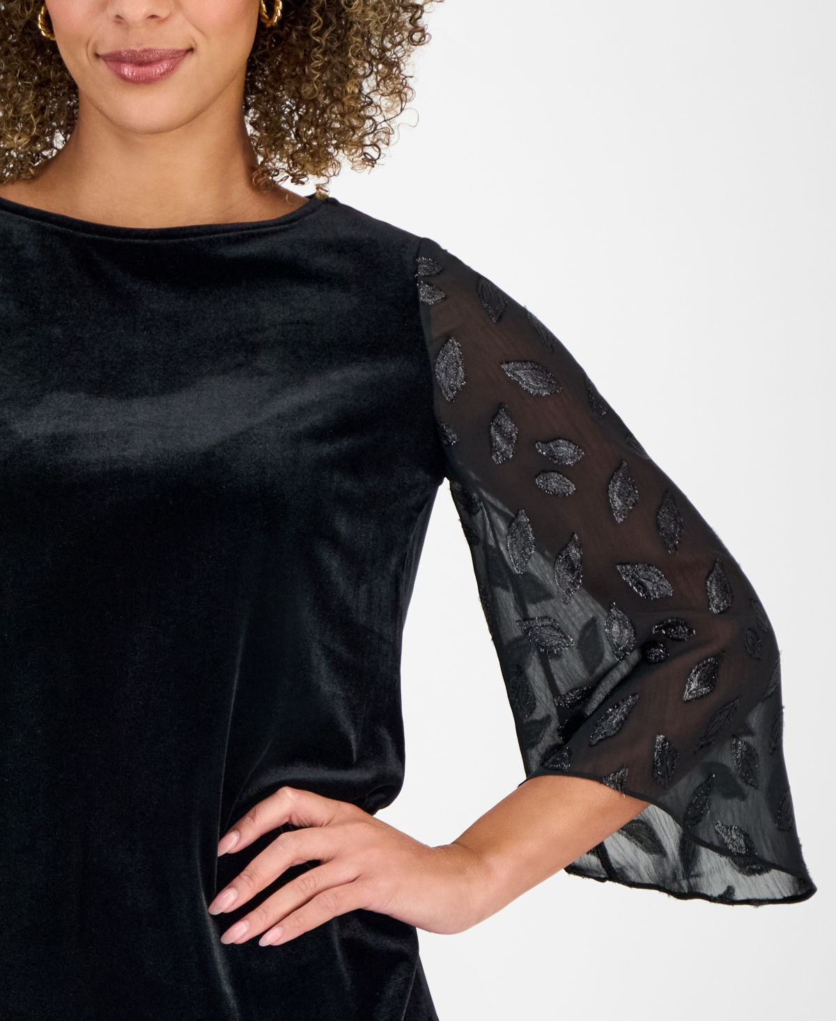 Kasper Women's Velvet Mixed-Media 3/4-Sleeve Top