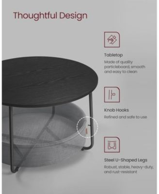 Round Coffee Table with Fabric Basket, Ink Black and Slate Gray