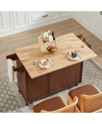 53.8" Rolling Kitchen Island with Drop Leaf, Storage Cabinet, 3 Drawers & Wood Top, Mobile Kitchen Cart on Wheels