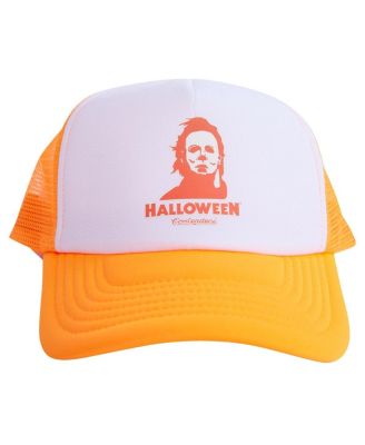 Contenders Clothing - Men's and Women's White/Orange Halloween Myers Face Trucker Hat