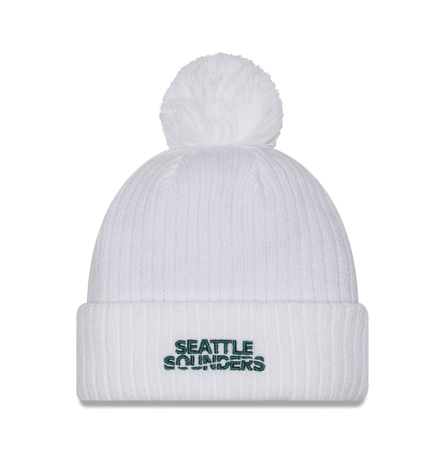Мужские головные уборы New Era White Seattle Sounders FC 2025 Jersey Hook Cuff With Pom Knit Hat — фото 2