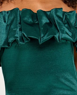 Juniors' Ruffled-Off-The-Shoulder Bodycon Shimmer Dress