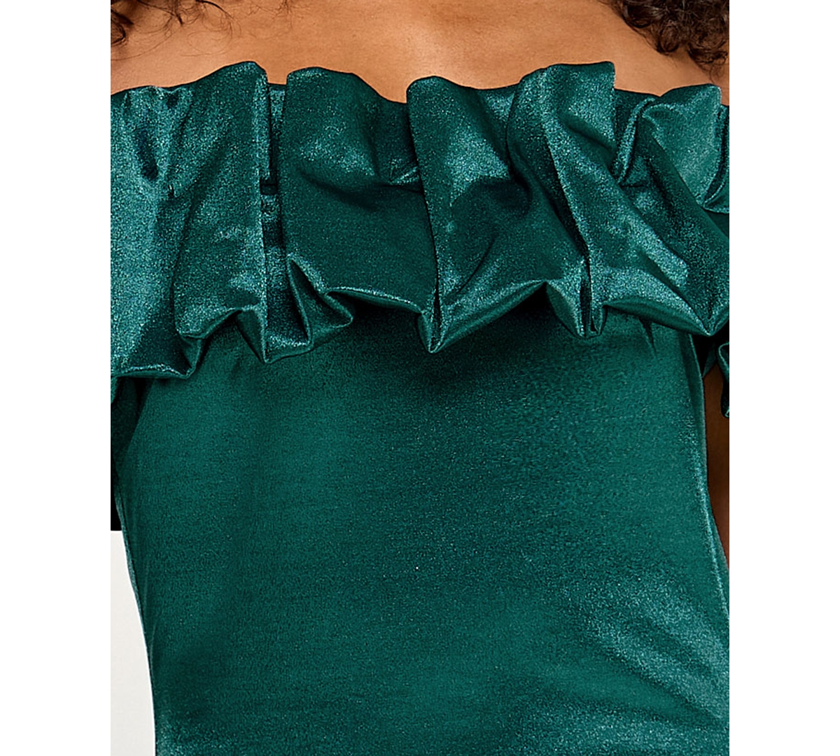 City Studios Juniors' Ruffled-off-the-shoulder Bodycon Shimmer Dress In Green