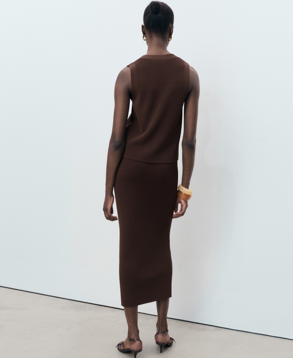 Mango Fine Knit Midi Skirt In Brown