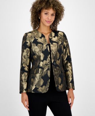 Women's Metallic Jacquard Collarless Jacket, Regular and Petite Sizes