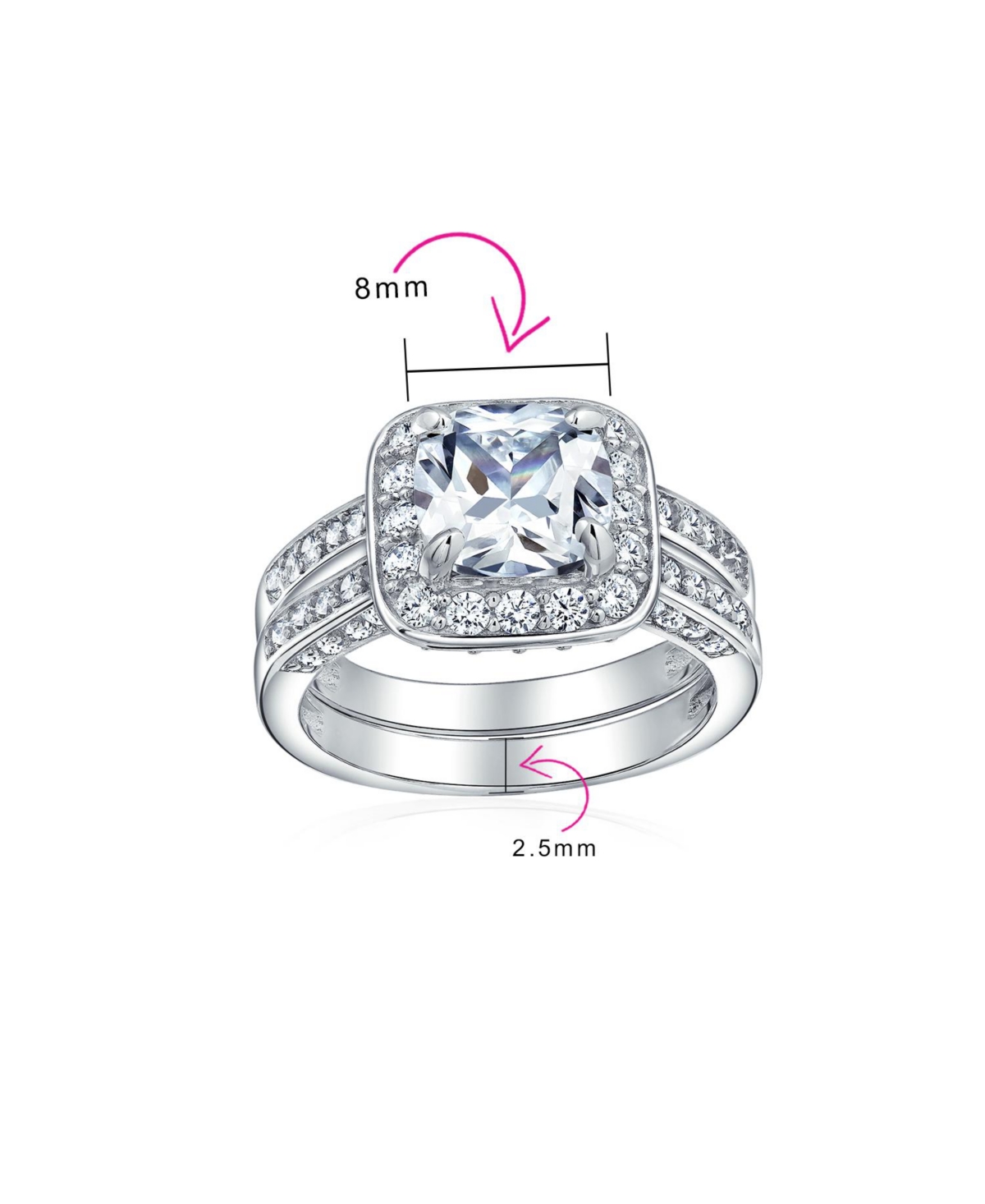 Bling Jewelry 2CT Cushion Cut Cz Promise Ring in Sterling Silver with Three-Sided Double Pave Band
