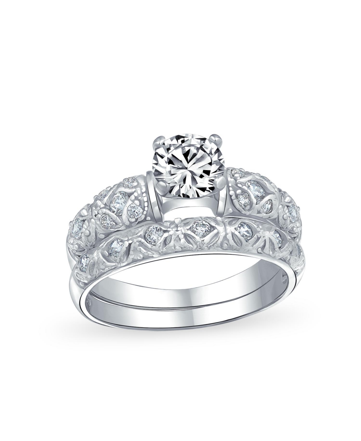Bling Jewelry European Style 1CT Round Cz Solitaire Promise Ring Set with Filigree Band in Sterling Silver
