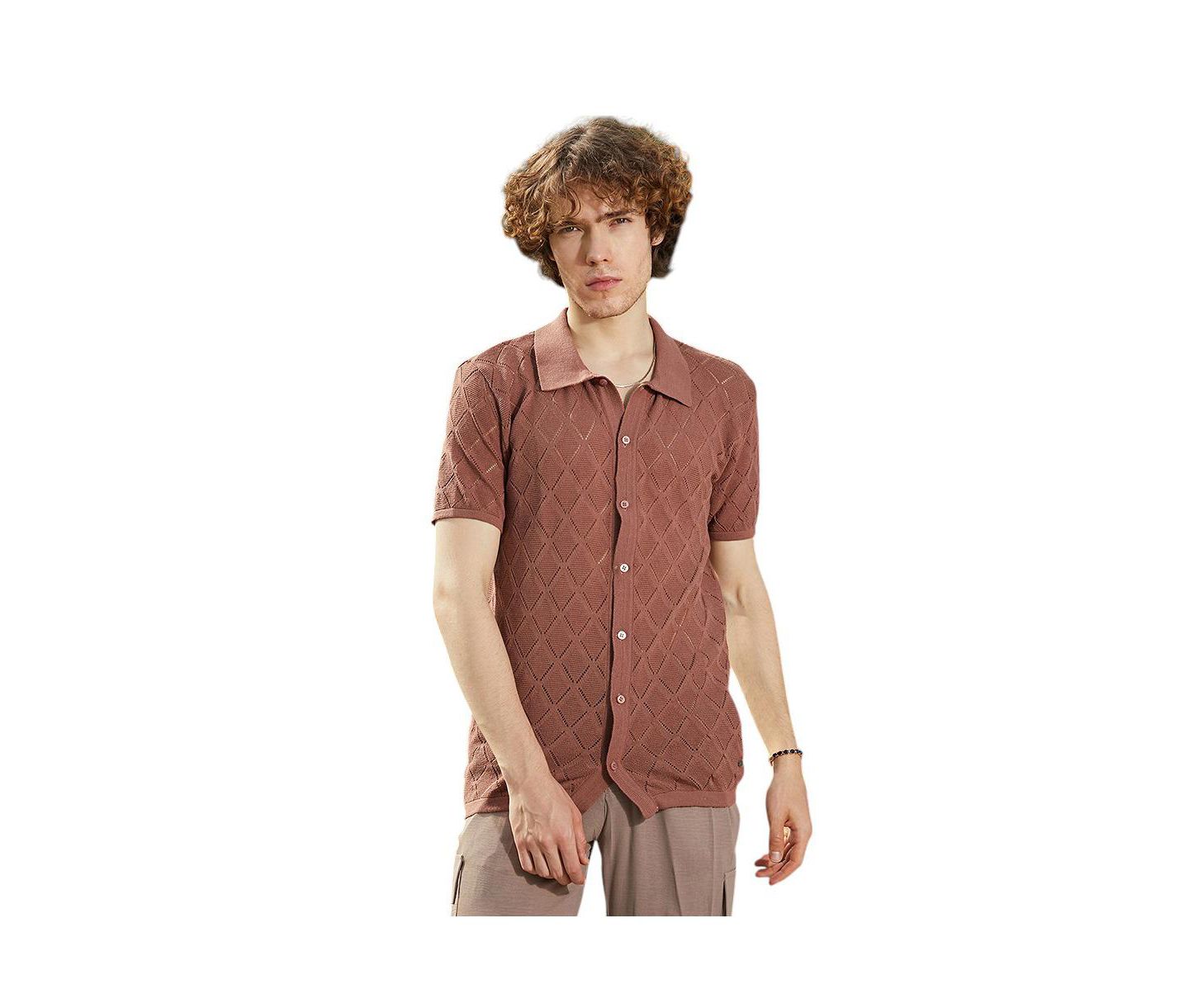Мужская рубашка Cahoot Campus Sutra Rhombus-Knit Slim-Fit, цвет: Коричневый — фото 1