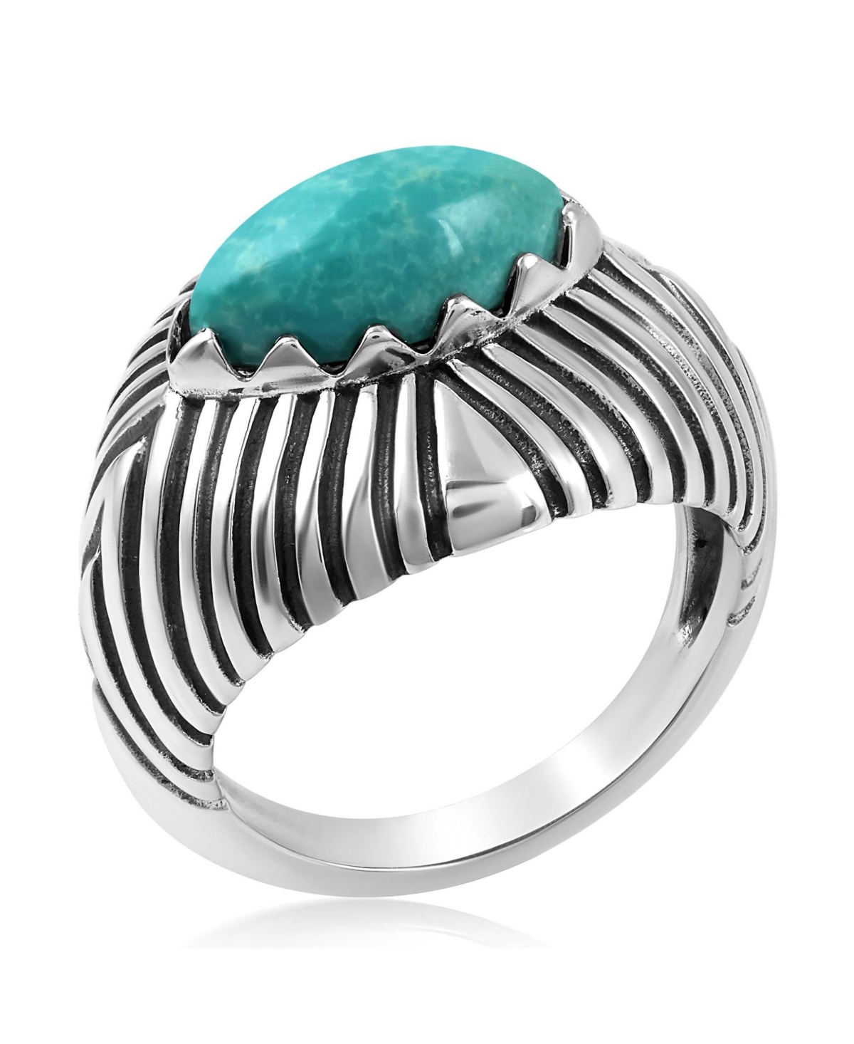 American West Jewelry Sterling Silver Green Turquoise Marquise Gemstone Ribbed Ring