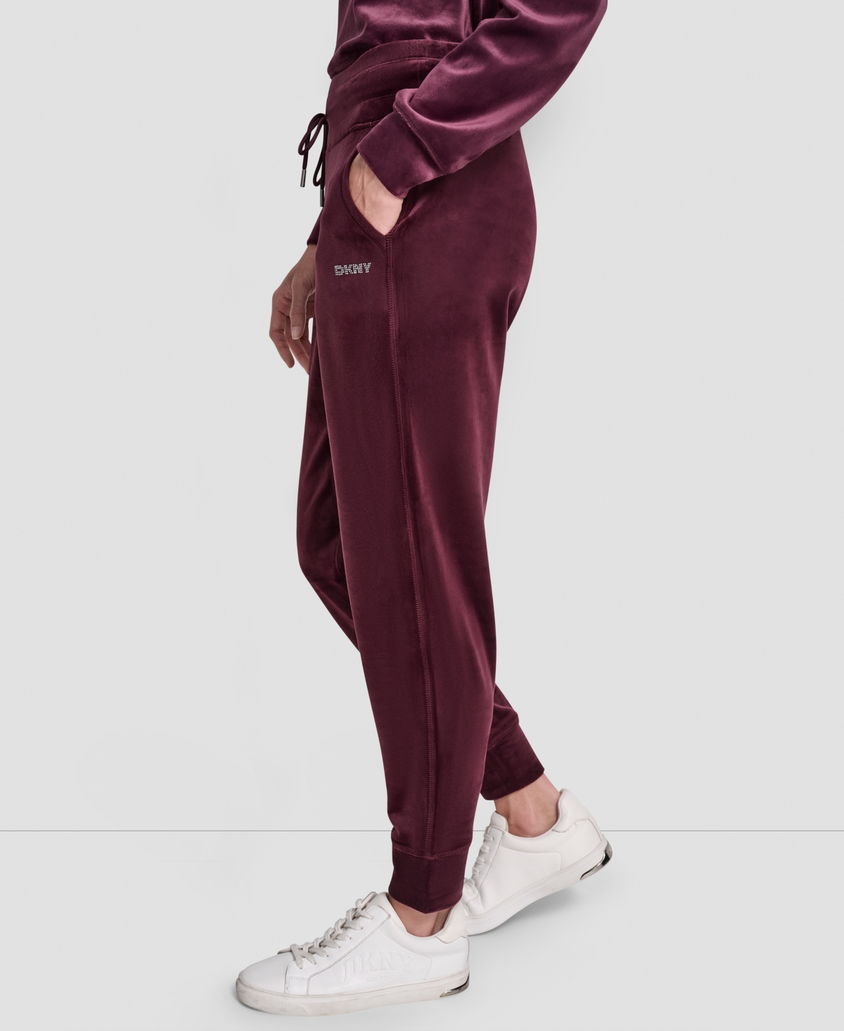 Dkny Women's Platinum Velour Rhinestone Logo Slim Fit Joggers