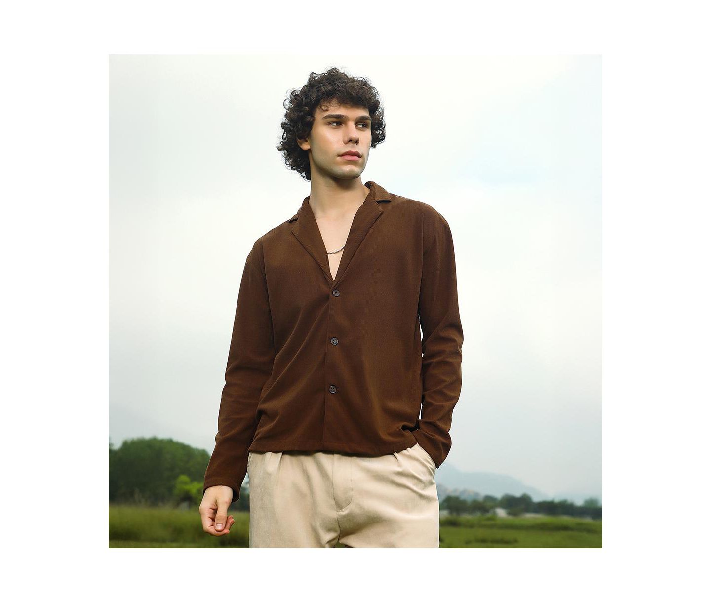 Мужская рубашка Cahoot Campus Sutra Chocolate Brown Ribbed Oversized, цвет: Коричневый — фото 5