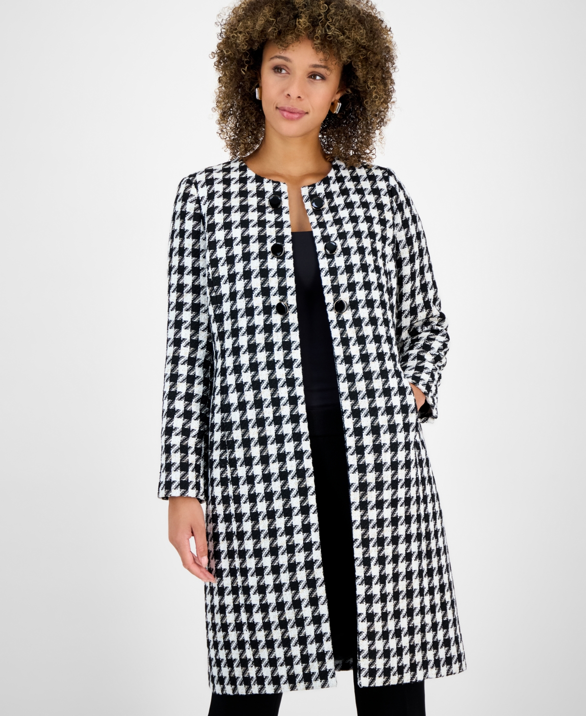 Kasper Petite Houndstooth Open-Front Long-Sleeve Topper