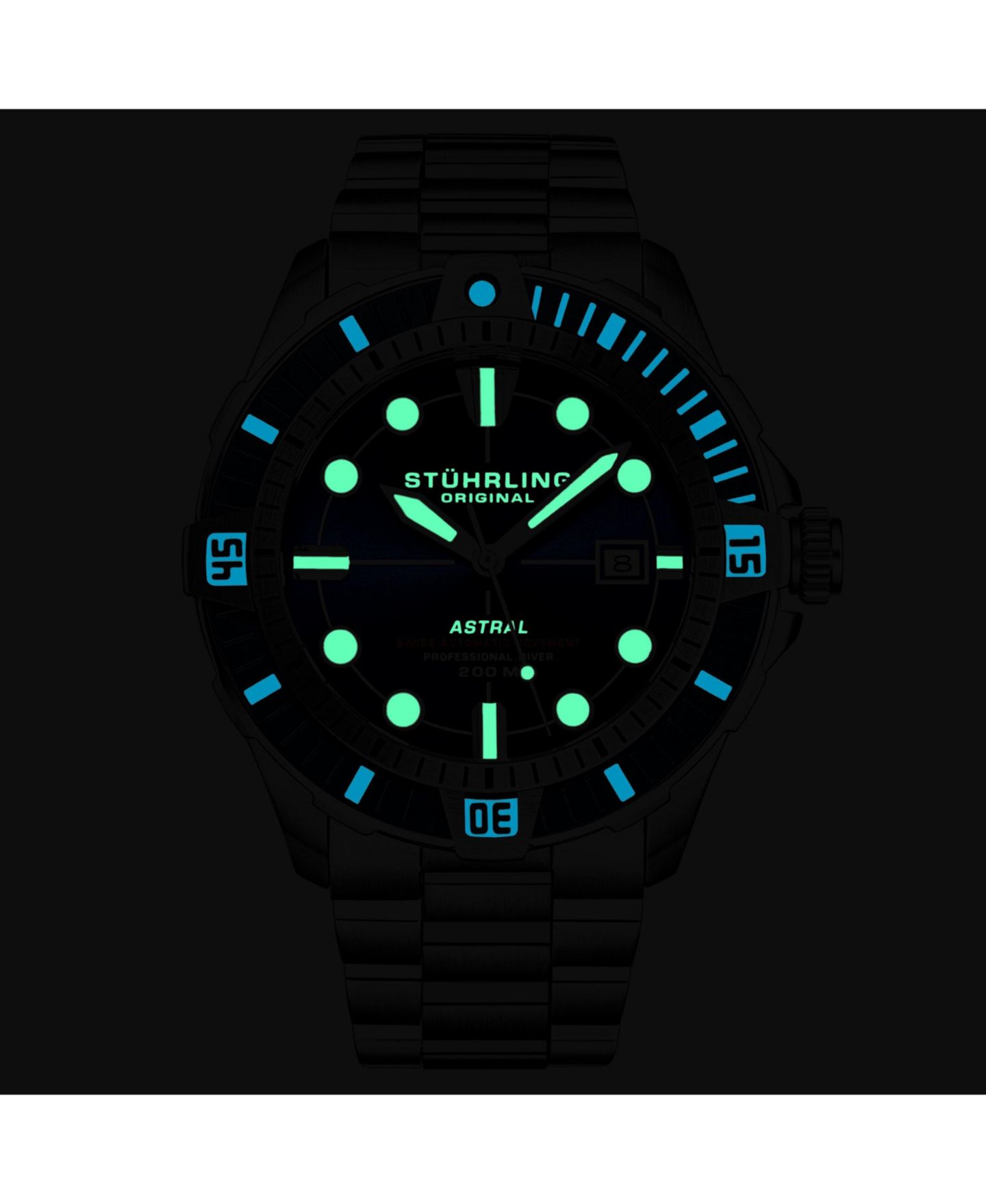 Мужские часы Stuhrling Astral Diver 44mm Swiss Automatic Watch, Blue Dial, Stainless Steel Bracelet, Rotating Bezel, 200M Water Resistant, цвет: Серебряный — фото 3