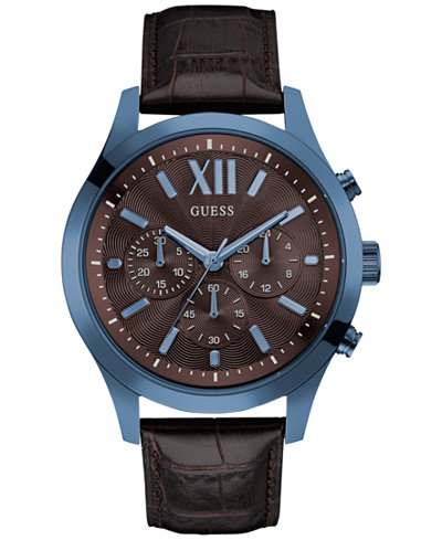 GUESS Men's Chronograph Brown Leather Strap Watch 46mm U0789G2